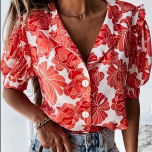Coastal Blooms Relaxed Lapel Blouse